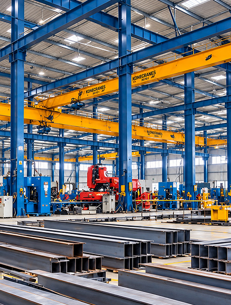 Inside the Soham fabrication plant with EOT cranes and built-up sections